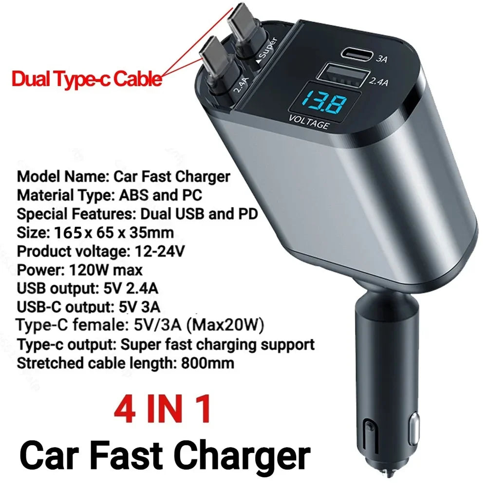 VoltRush 4-in-1 Retractable Car Charger