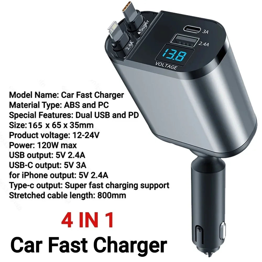 VoltRush 4-in-1 Retractable Car Charger